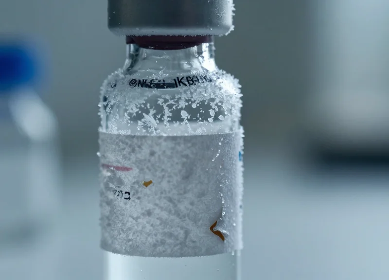 Close-up of a frozen laboratory vial with a damaged and unreadable paper barcode label.