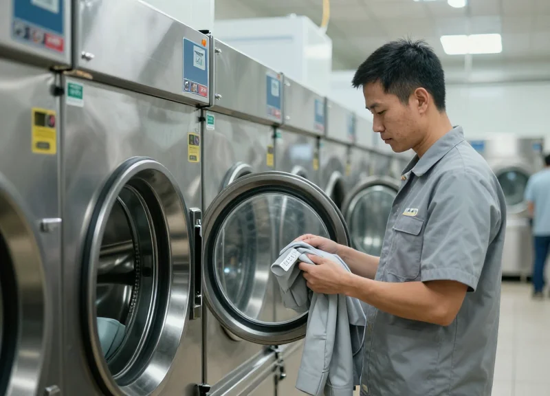 A professional industrial laundry facility with rows of modern washing machines and a technician holding an RFID-tagged garment.