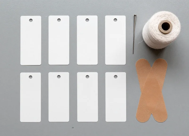 A collection of RFID tags, sewing needles, and heat-seal adhesive patches neatly arranged on a workbench.