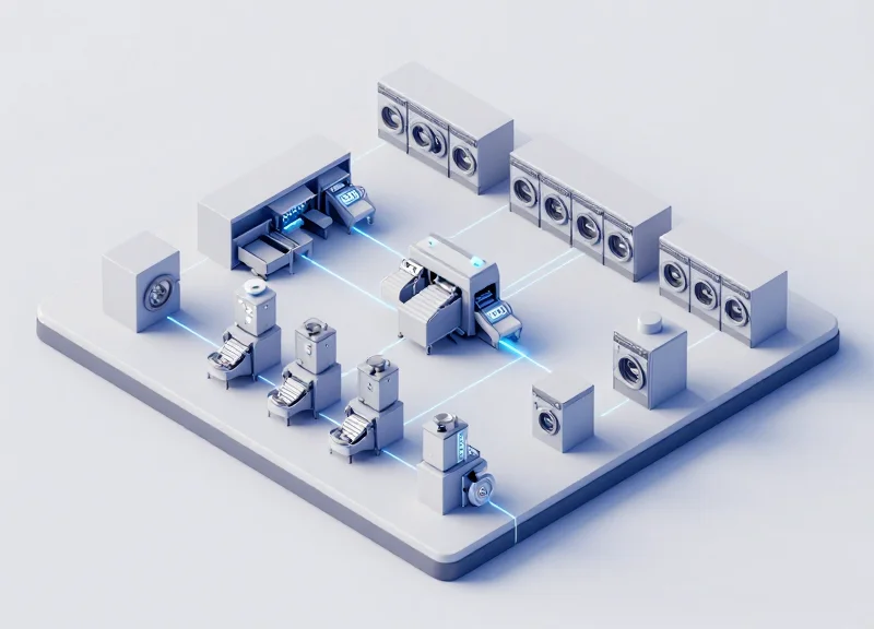 Isometric 3D layout of a modern automated central laundry factory floor with smart machinery.
