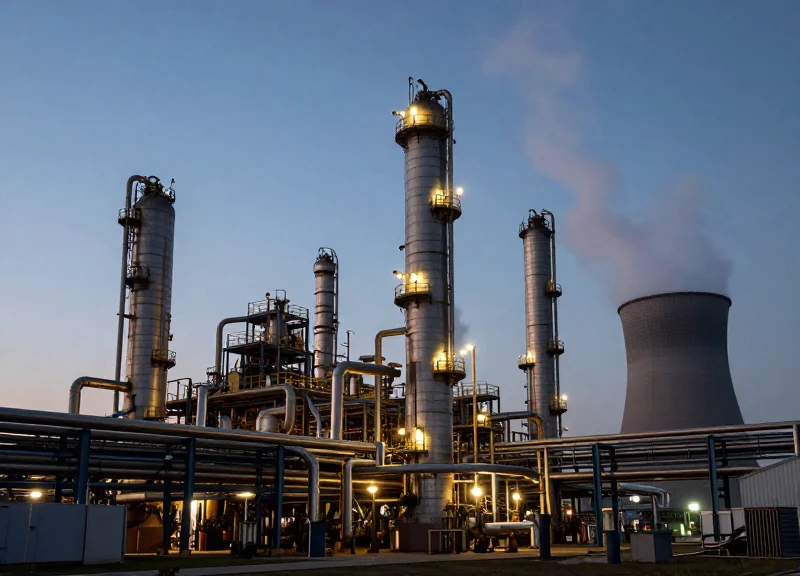 Wide shot of a heavy industrial chemical plant at dusk with steam and pipes representing an extreme environment.