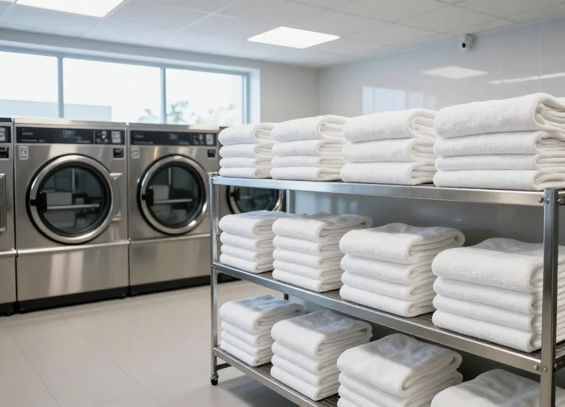 A modern industrial hotel laundry facility with organized stacks of linens and high-tech machines.