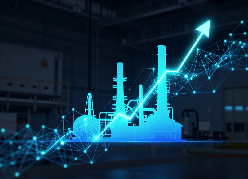 Abstract visualization of industrial data streams and glowing network nodes over machinery silhouettes.