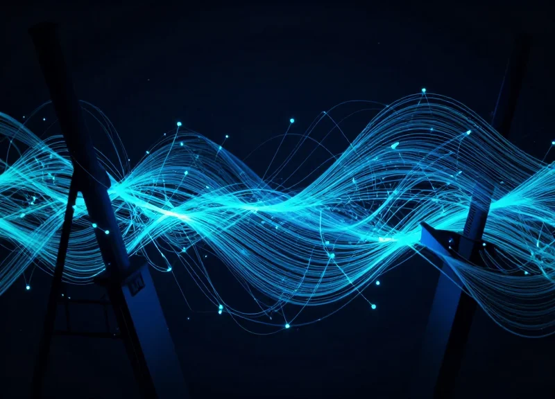 Abstract digital data streams and glowing nodes flowing through a conceptual industrial supply chain structure.