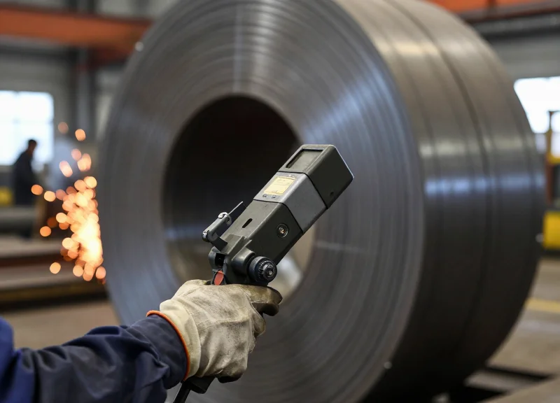 Close-up of an industrial worker using a handheld scanner to read an RFID tag on a large steel coil in a factory.