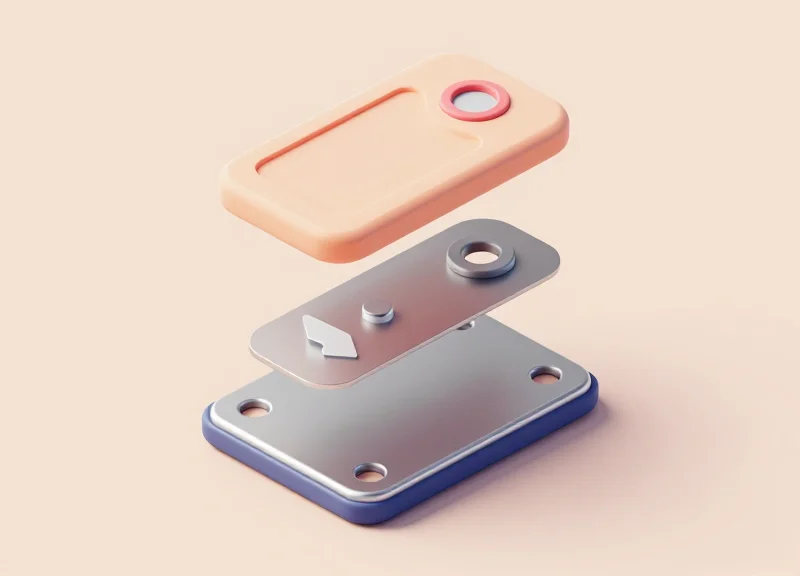 3D exploded view diagram showing an RFID tag, a circular spacer, and the metal surface layers.
