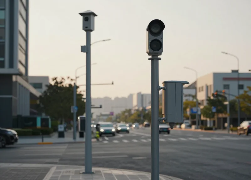 A modern smart city street at dusk with integrated sensors and digital infrastructure markers on utility poles.