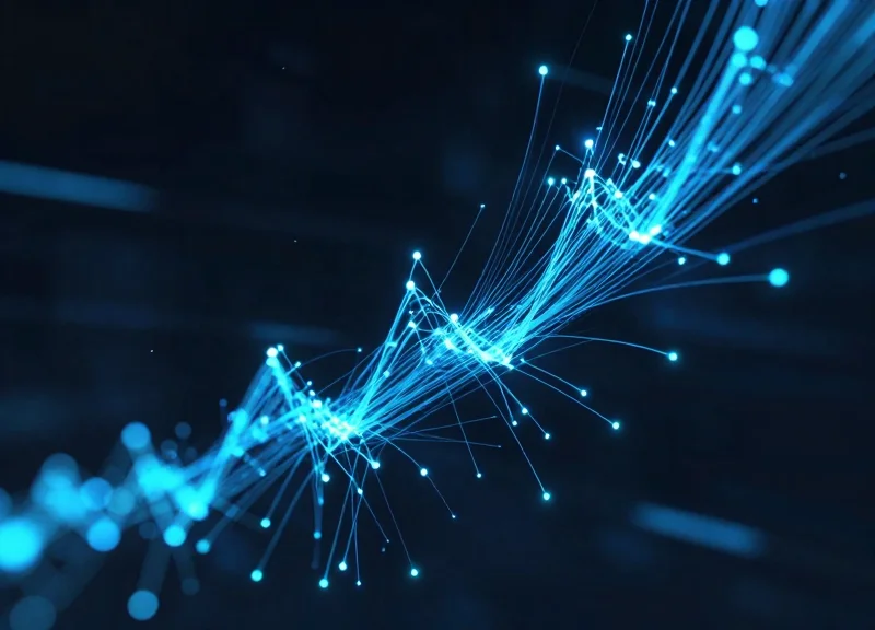 Abstract visualization of glowing blue data streams and light trails flowing through a stylized urban environment.