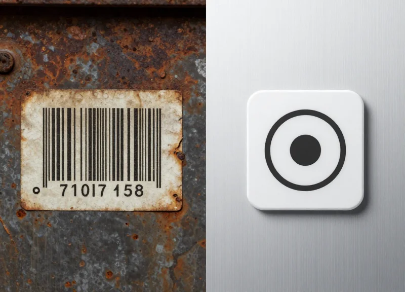 A side-by-side comparison of a weathered, peeling paper barcode and a pristine, durable industrial RFID tag on a metal pipe.