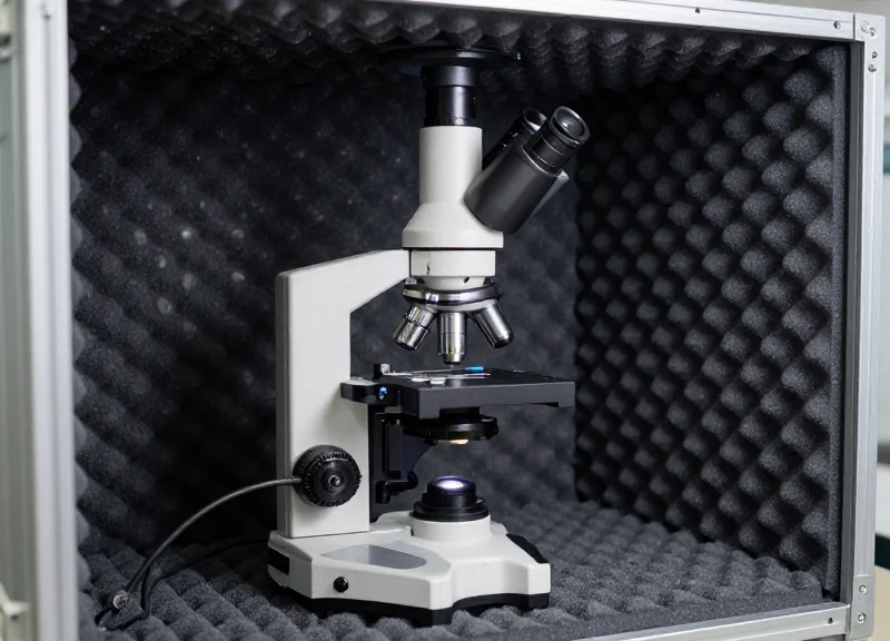 A high-precision laboratory microscope secured inside a custom heavy-duty shipping crate with protective foam padding.