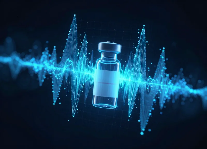 Abstract visualization of pressure sensors and data nodes protecting pharmaceutical products.