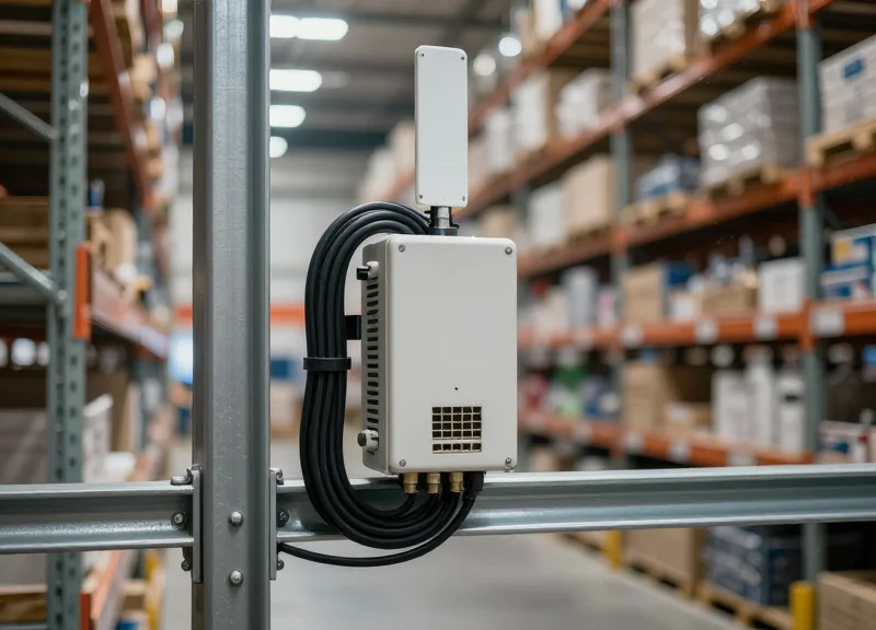 A high-density 16-port RFID reader installed in a massive industrial warehouse