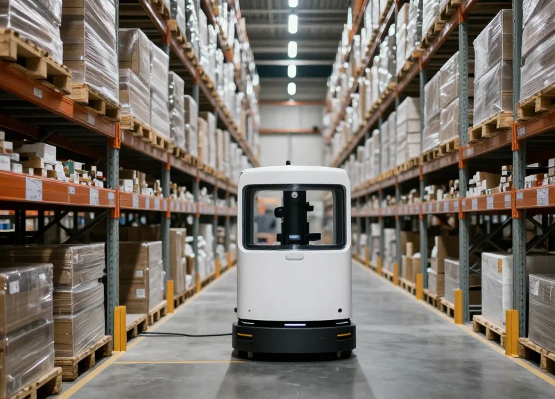 A modern automated warehouse with pallets being moved by robotic carriers under soft cinematic lighting.