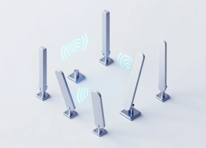 Isometric 3D view of strategic RFID antenna placement and polarization angles in a gateway.