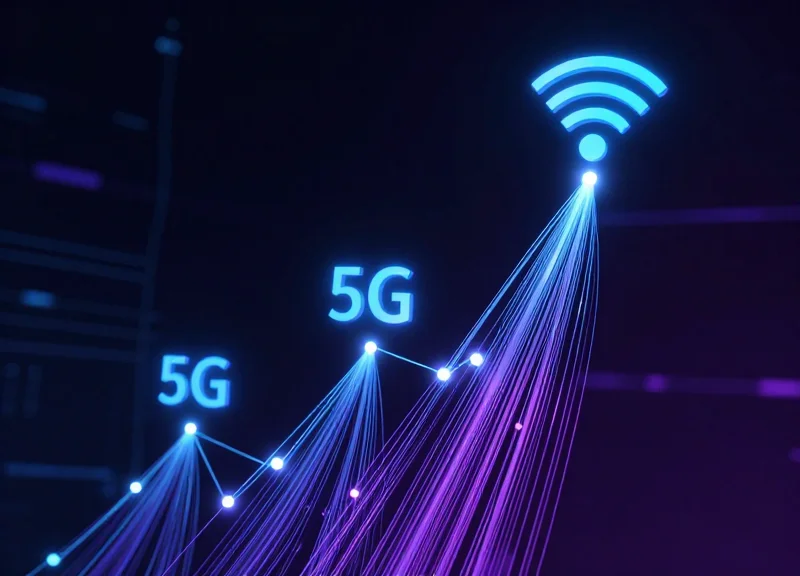Abstract digital concept of 5G and Wi-Fi 7 connectivity with flowing data streams and glowing nodes.