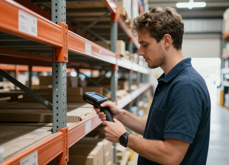 A warehouse worker using a slim RFID PDA to scan inventory on a high shelf in a bright, modern logistics center.