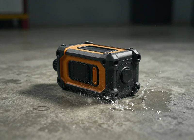 A rugged PDA surviving a drop on a hard industrial floor, showing its impact-resistant construction.