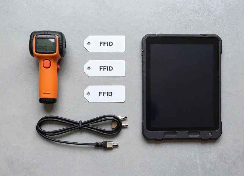 An organized arrangement of RFID hardware including a handheld scanner, various tags, and calibration cables.