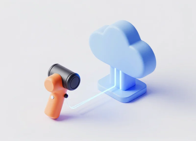Isometric 3D model showing an RFID scanner communicating with cloud servers for real-time data sync.