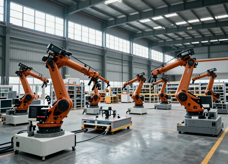 A high-tech automated warehouse in 2026 with drones and smart sensors integrated into the shelving systems.
