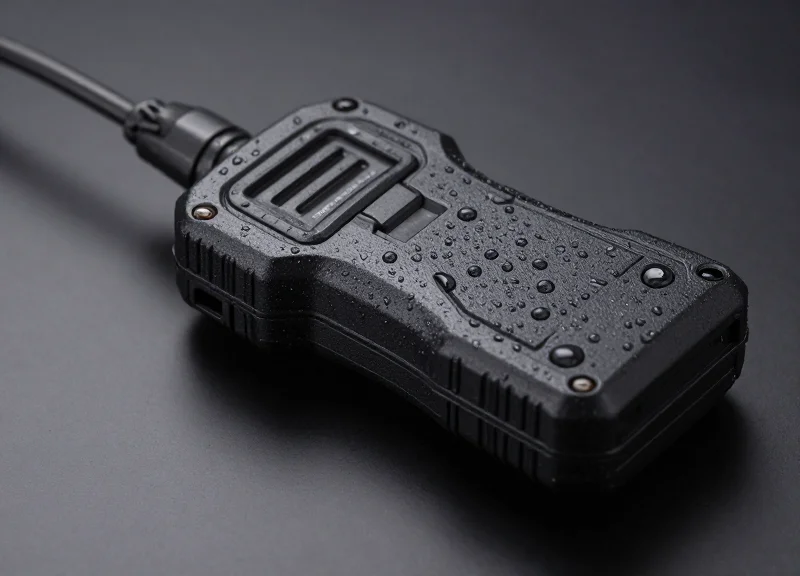 Close-up of a rugged RFID reader undergoing a water splash test to demonstrate IP67 rating.