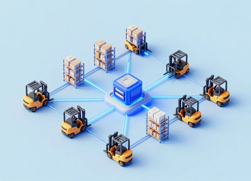 Isometric view of a smart warehouse ecosystem showing integrated RFID readers and servers.