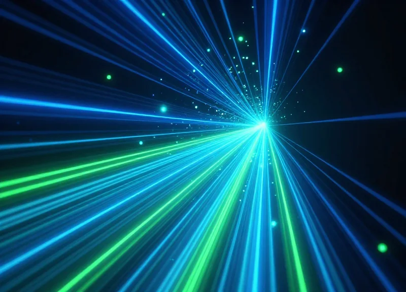 Abstract visualization of glowing data streams moving rapidly upwards in a dark digital space.