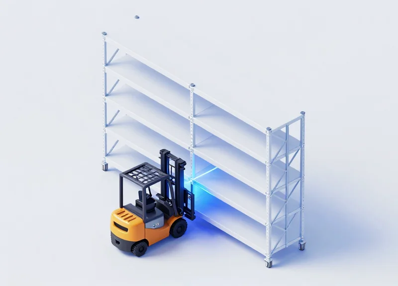 Isometric view of a smart warehouse shelf with electronic shelf labels and a connected forklift.