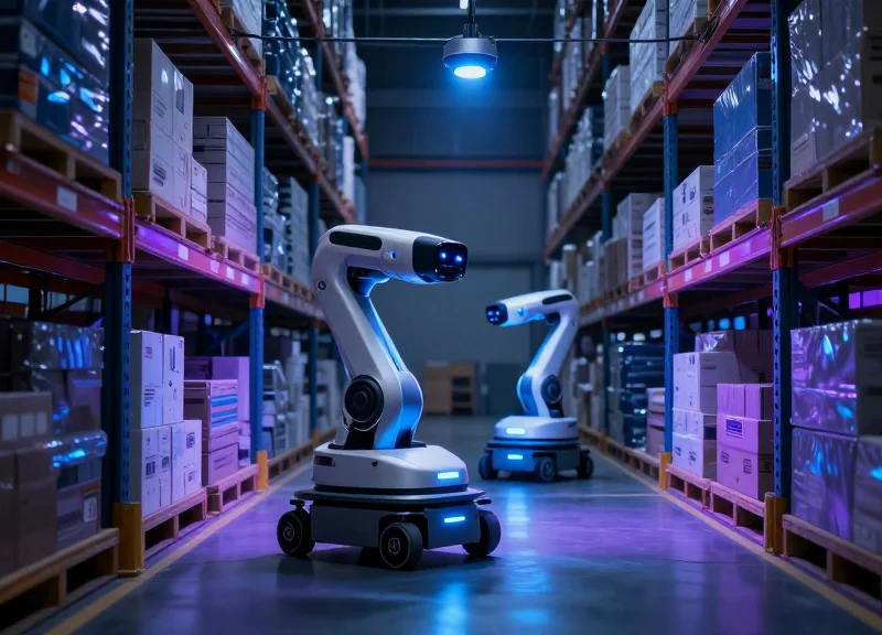 Futuristic autonomous warehouse with robotic vehicles and sleek blue lighting.