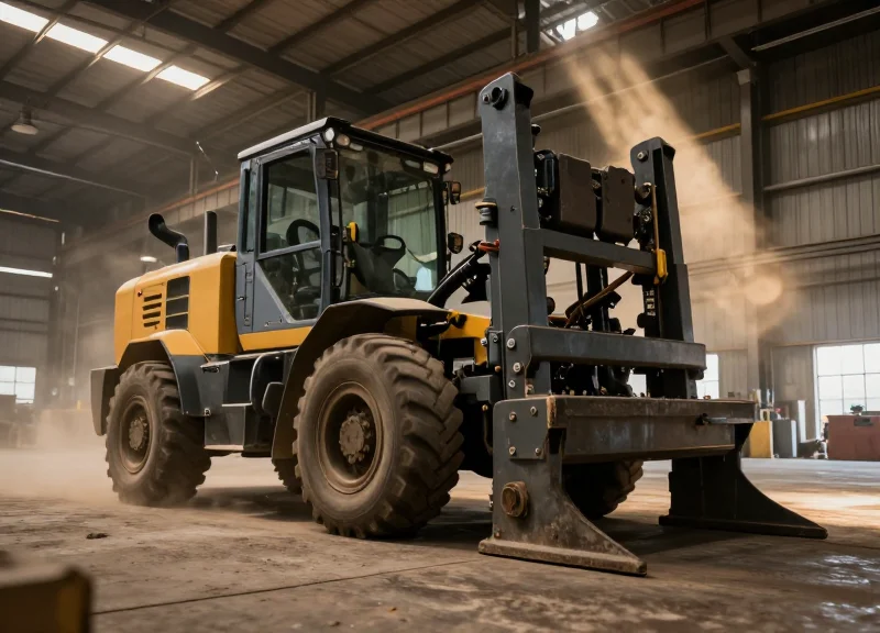 A heavy-duty industrial stacker moving through a large modern warehouse with tall shelves