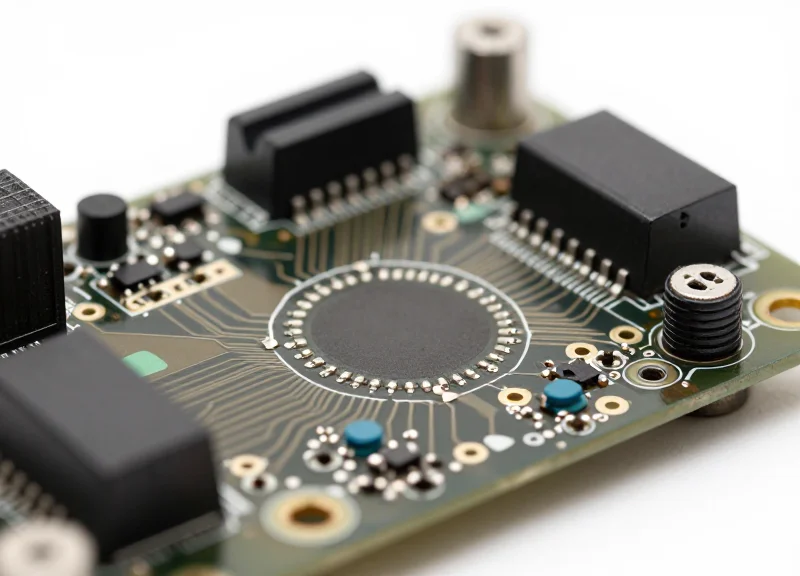 Macro view of a reinforced industrial motherboard with epoxy coatings