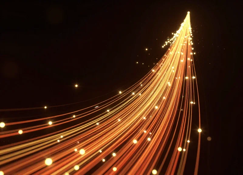 Abstract digital representation of ROI growth and warehouse efficiency using glowing light trails