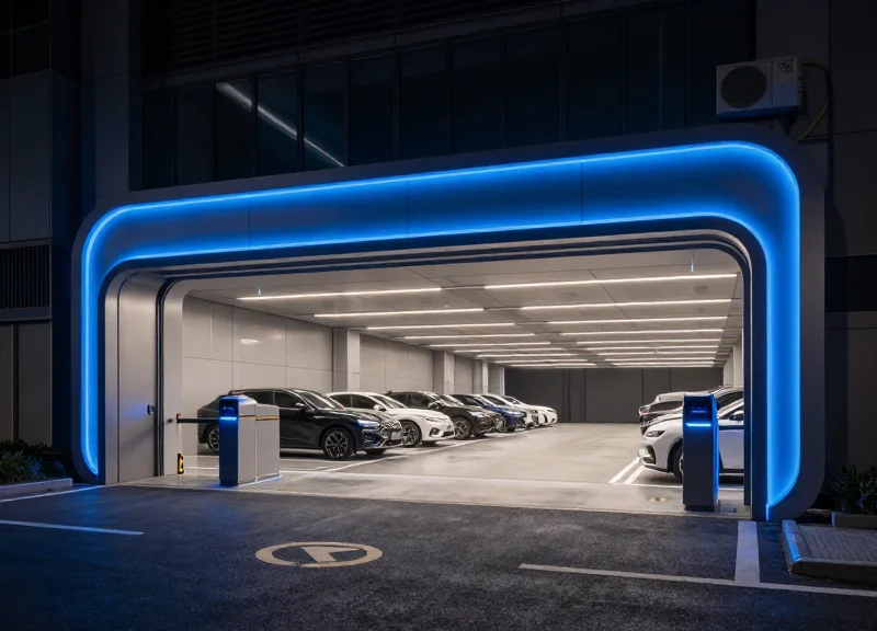 Futuristic smart parking facility entrance in 2026 with ultra-modern architecture and sleek gate barriers
