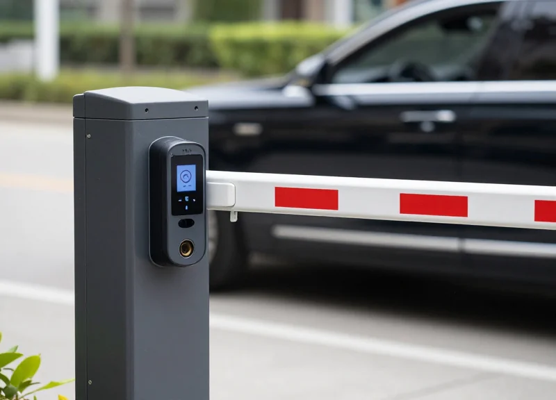 A vehicle approaching an automated gate with an RFID reader detecting the tag from a distance