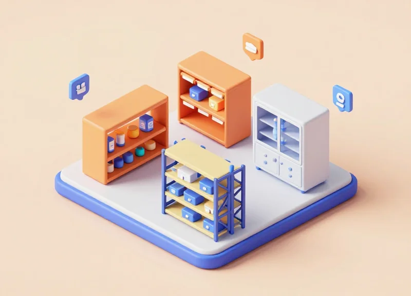 Isometric view of a modern facility combining retail, warehouse, and healthcare modules.
