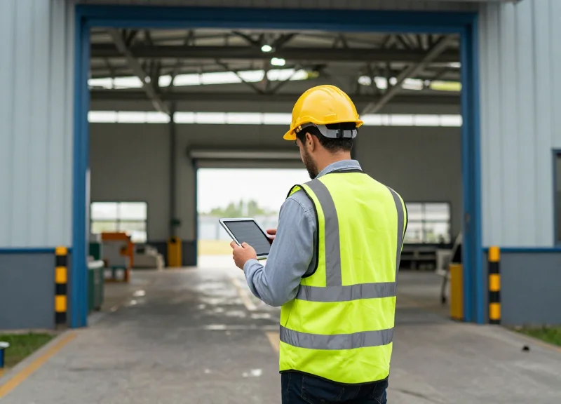 A professional engineer in a high-visibility vest conducting a site survey at a warehouse entrance using a digital tablet.