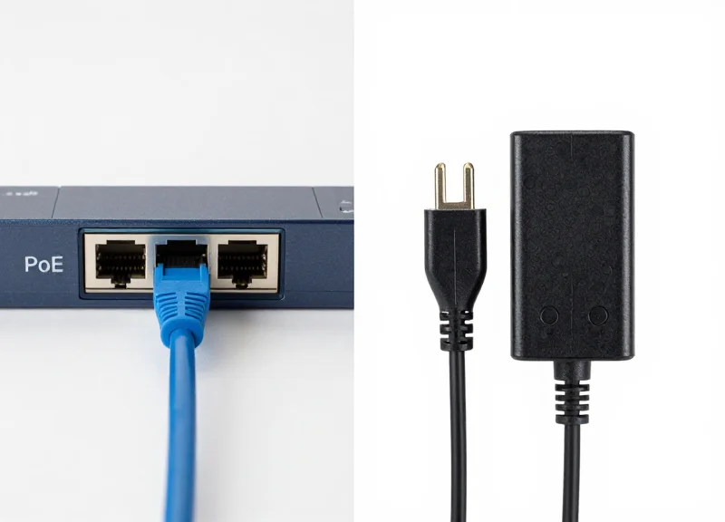 Side-by-side comparison of a PoE ethernet connection and a standard DC power adapter for an RFID system.