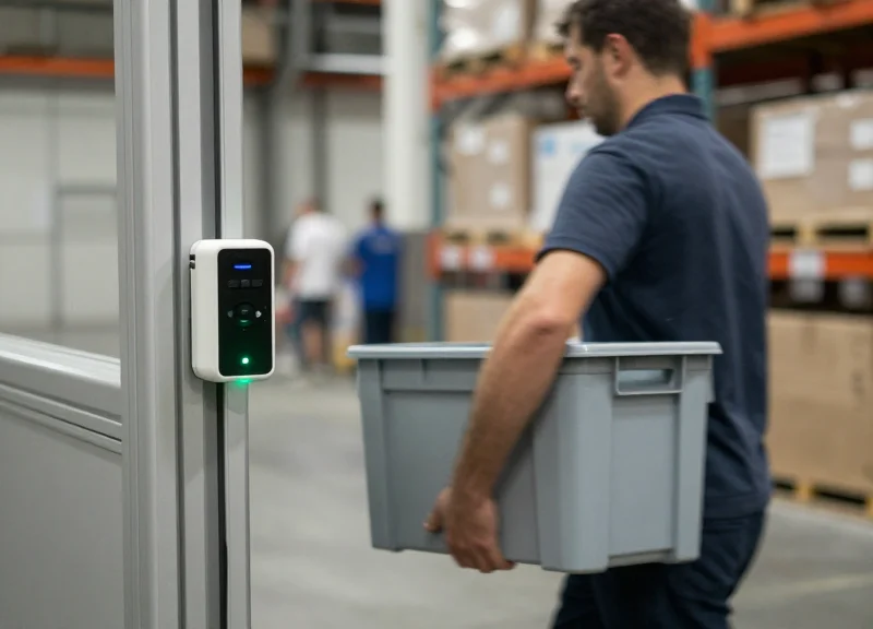 A warehouse worker testing an RFID portal by walking through with a tagged item.