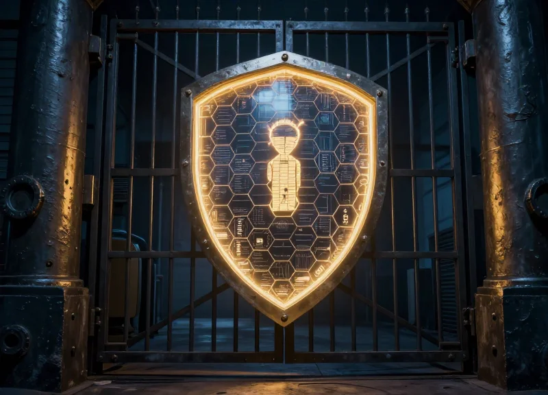 A symbolic representation of security with a digital shield protecting a physical access gate.