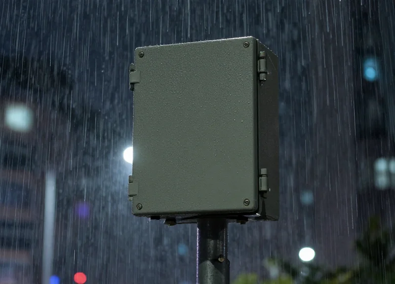 A rugged RFID reader unit operating in heavy rain and harsh weather conditions.