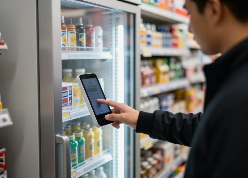 A modern smart vending cabinet in a retail environment with a glass door and an RFID reader.
