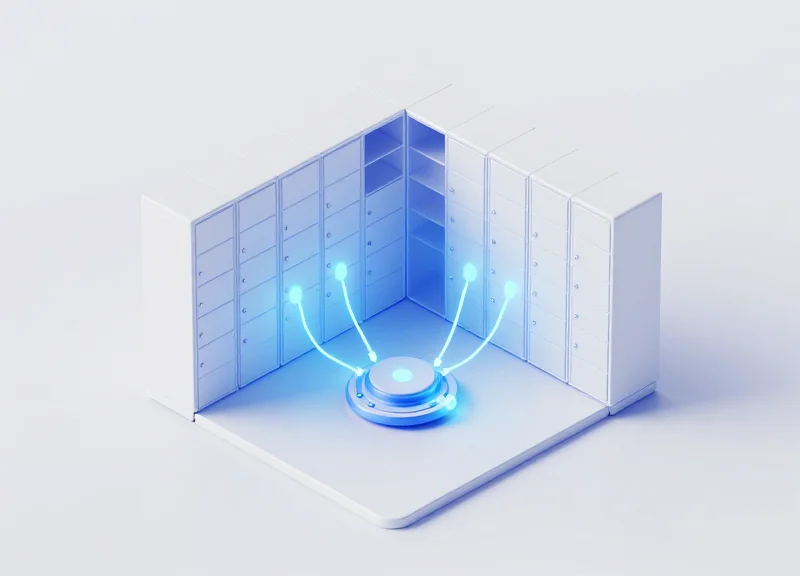 An isometric 3D model of an integrated RFID smart locker system.