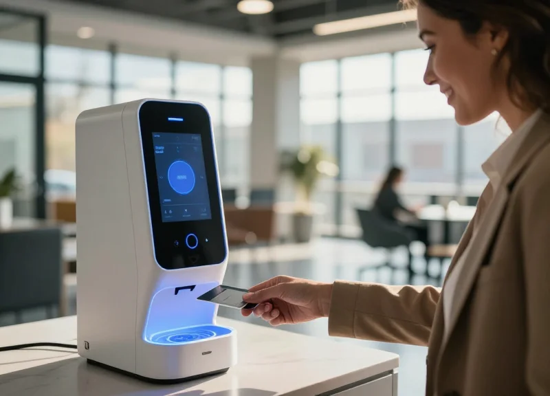 Customer using a sleek contactless intelligent dispenser in a modern office