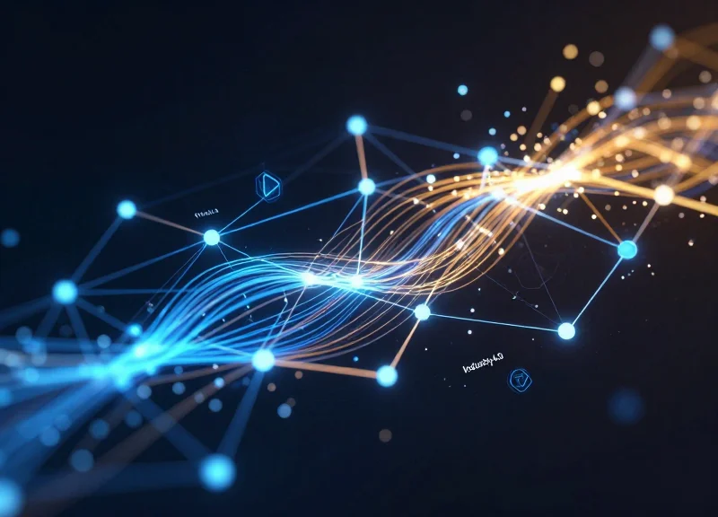 Abstract digital visualization of Industry 4.0 data streams and network nodes in a factory environment.