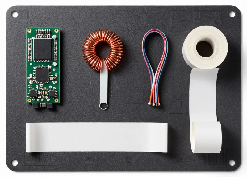 Flat lay of industrial RFID printer hardware components including the reader module, antenna coil, and ribbon cables.