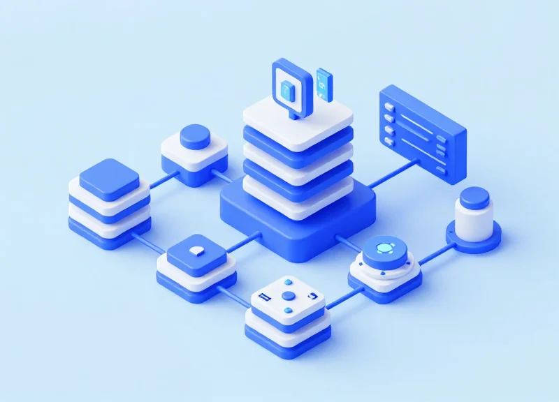 3D isometric modular workflow representing the stages of software secondary development for RFID integration.
