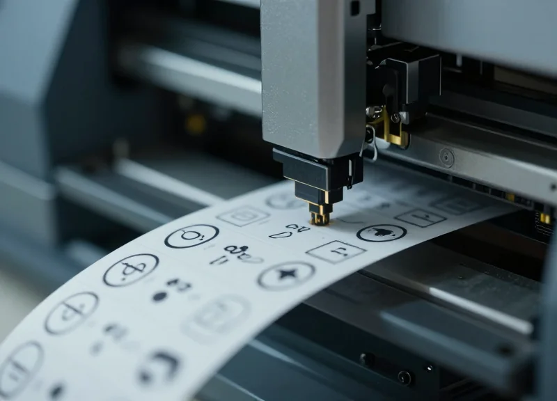 Close-up action shot of an industrial printer head processing RFID smart labels at high speed.