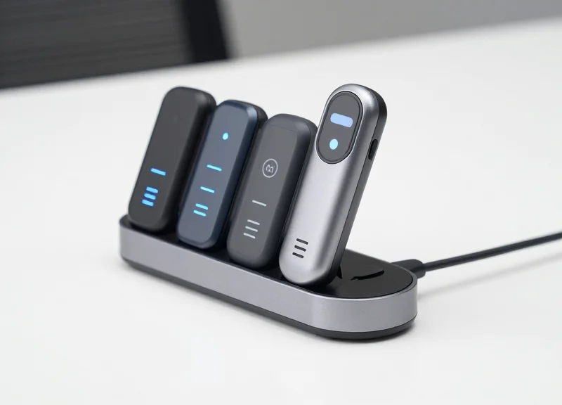 A modern charging station with multiple wearable RFID devices docked