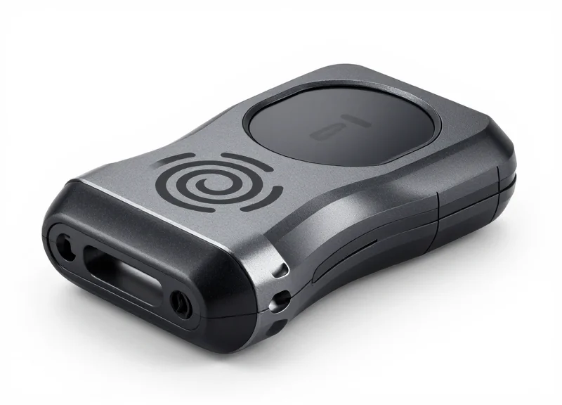 A close-up of a professional wearable RFID ring reader with a matte finish on a white background