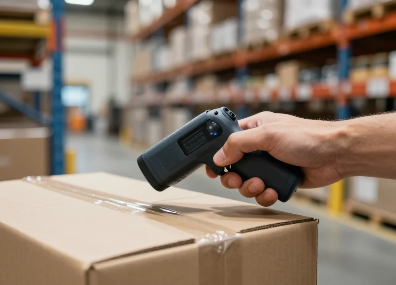 A warehouse worker wearing a ring RFID reader on their finger while scanning packages in a modern logistics center.